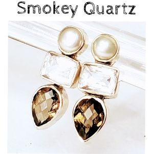 Vintage Artisan Faceted Pearl, Quartz and Smokey Quartz Sterling Posts